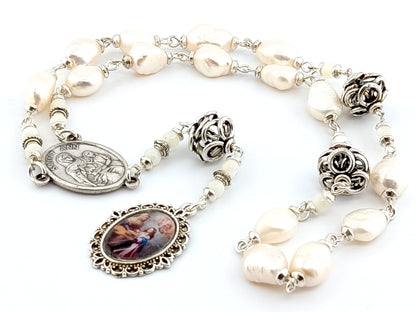 Saint Ann unique rosary beads prayer chaplet with fresh water pearls and silver beads and picture end medal.