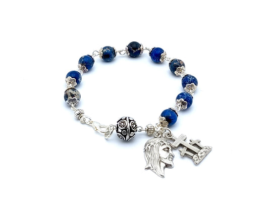 Crown of Thorns unique rosary beads single decade rosary bracelet with agate gemstone and silver beads with Calvary cross and Crown of Thorns medal.