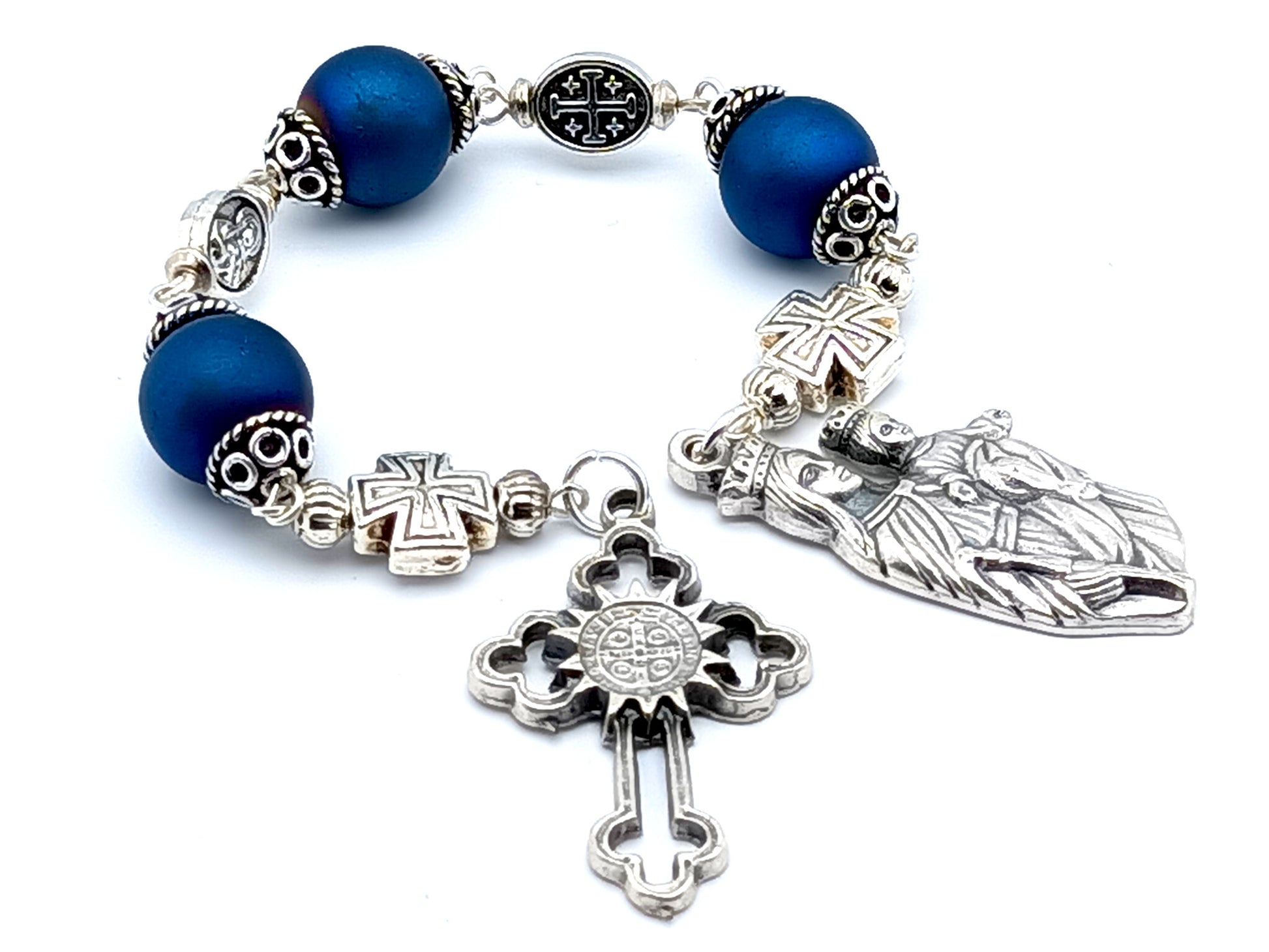 Our Lady of Victory unique rosary beads with blue glass and silver beads with Saint Benedict crucifix.