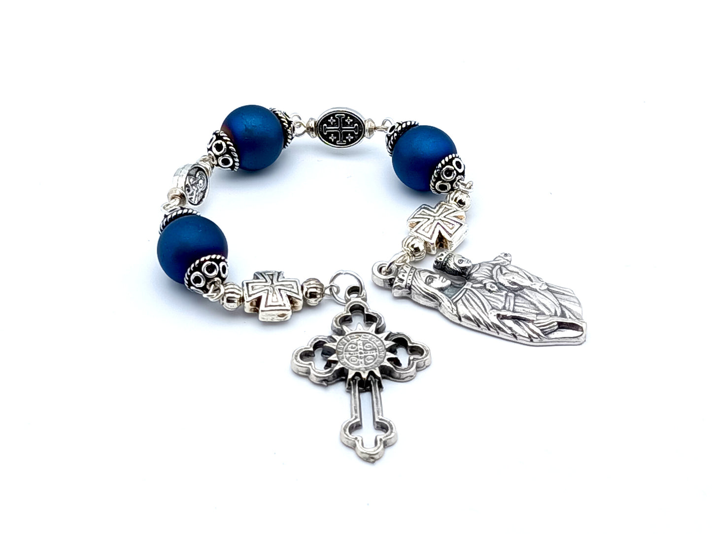 Our Lady of Victory unique rosary beads with blue glass and silver beads with Saint Benedict crucifix.