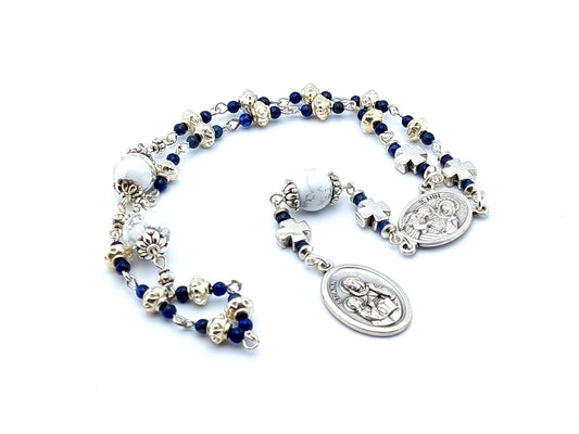 Saint Ann unique rosary beads prayer chaplet with lapis lazuli and howlite gemstone beads and silver centre end end medals.
