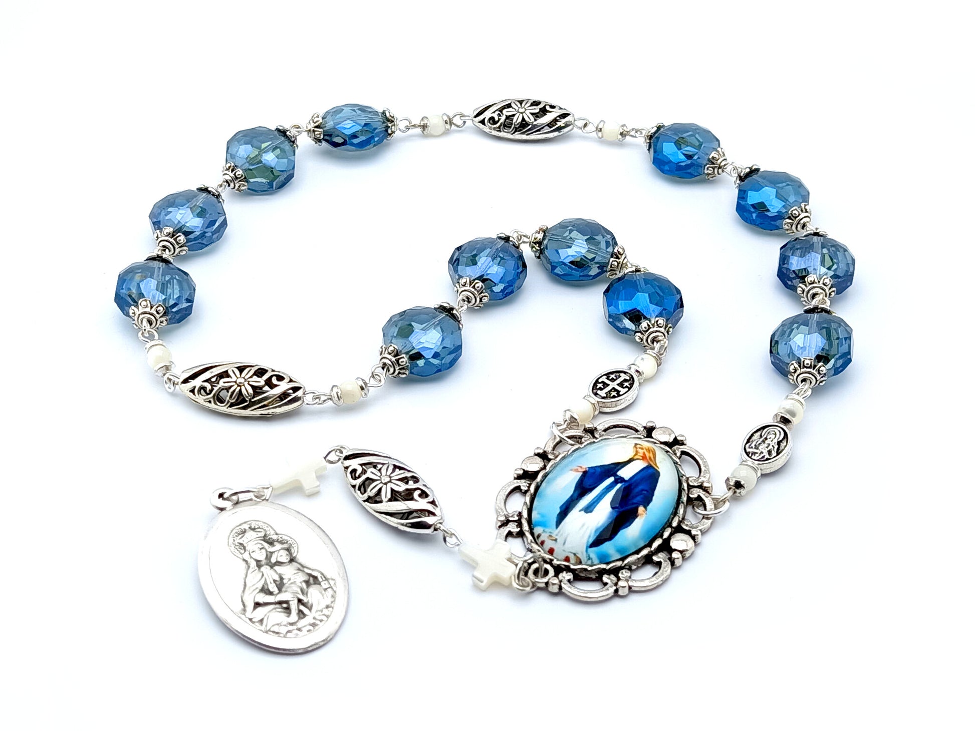 The Immaculate Conception unique rosary beads prayer chaplet with blue faceted and silver beads, picture centre medal and brown scapular end medal.