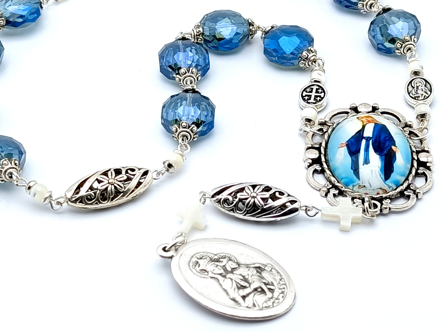 The Immaculate Conception unique rosary beads prayer chaplet with blue faceted and silver beads, picture centre medal and brown scapular end medal.