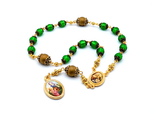 Saint Ann unique rosary beads prayer chaplet with green and gold glass beads and golden picture centre and end medals.
