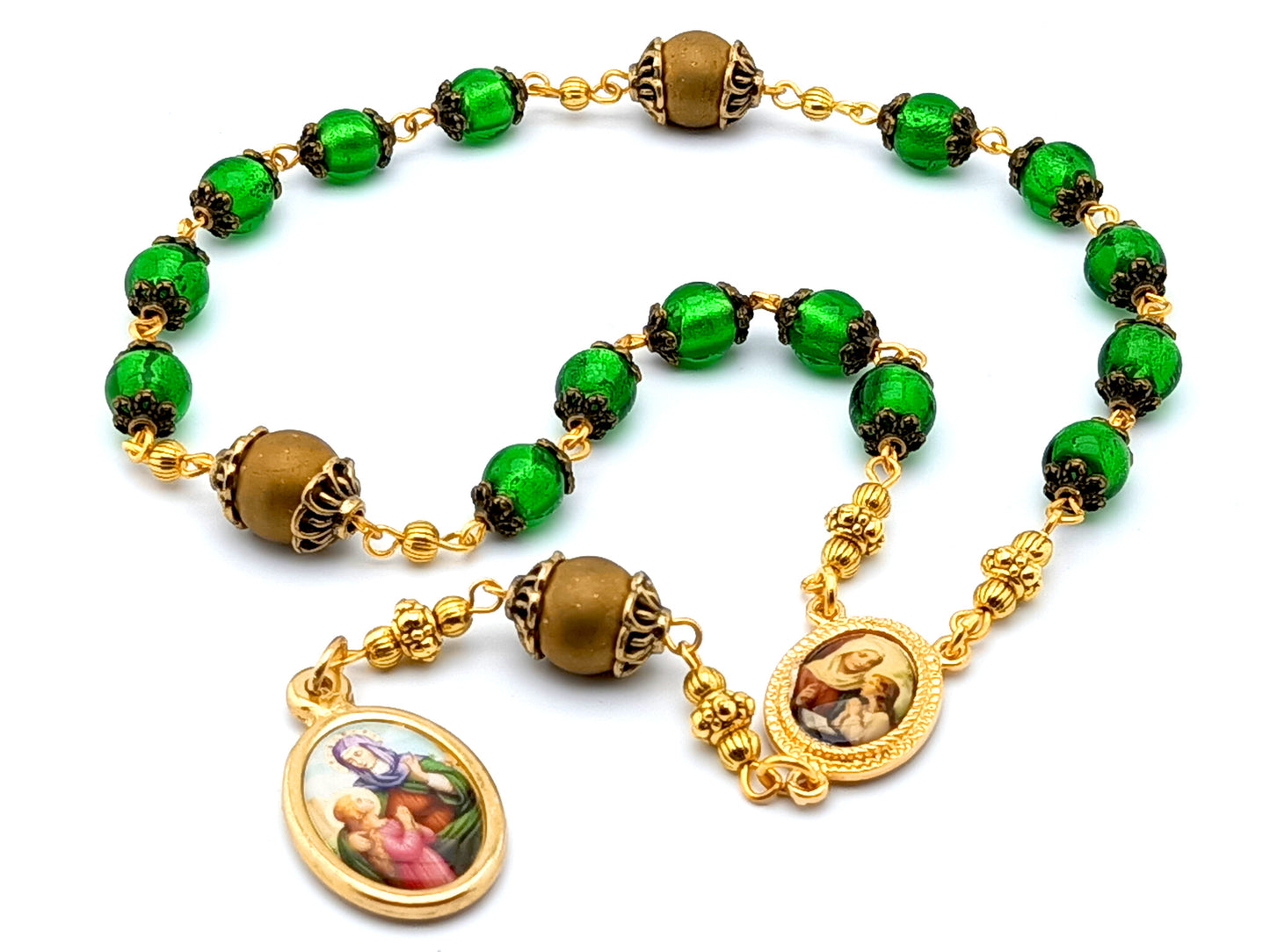 Saint Ann unique rosary beads prayer chaplet with green and gold glass beads and golden picture centre and end medals.