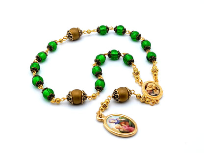 Saint Ann unique rosary beads prayer chaplet with green and gold glass beads and golden picture centre and end medals.