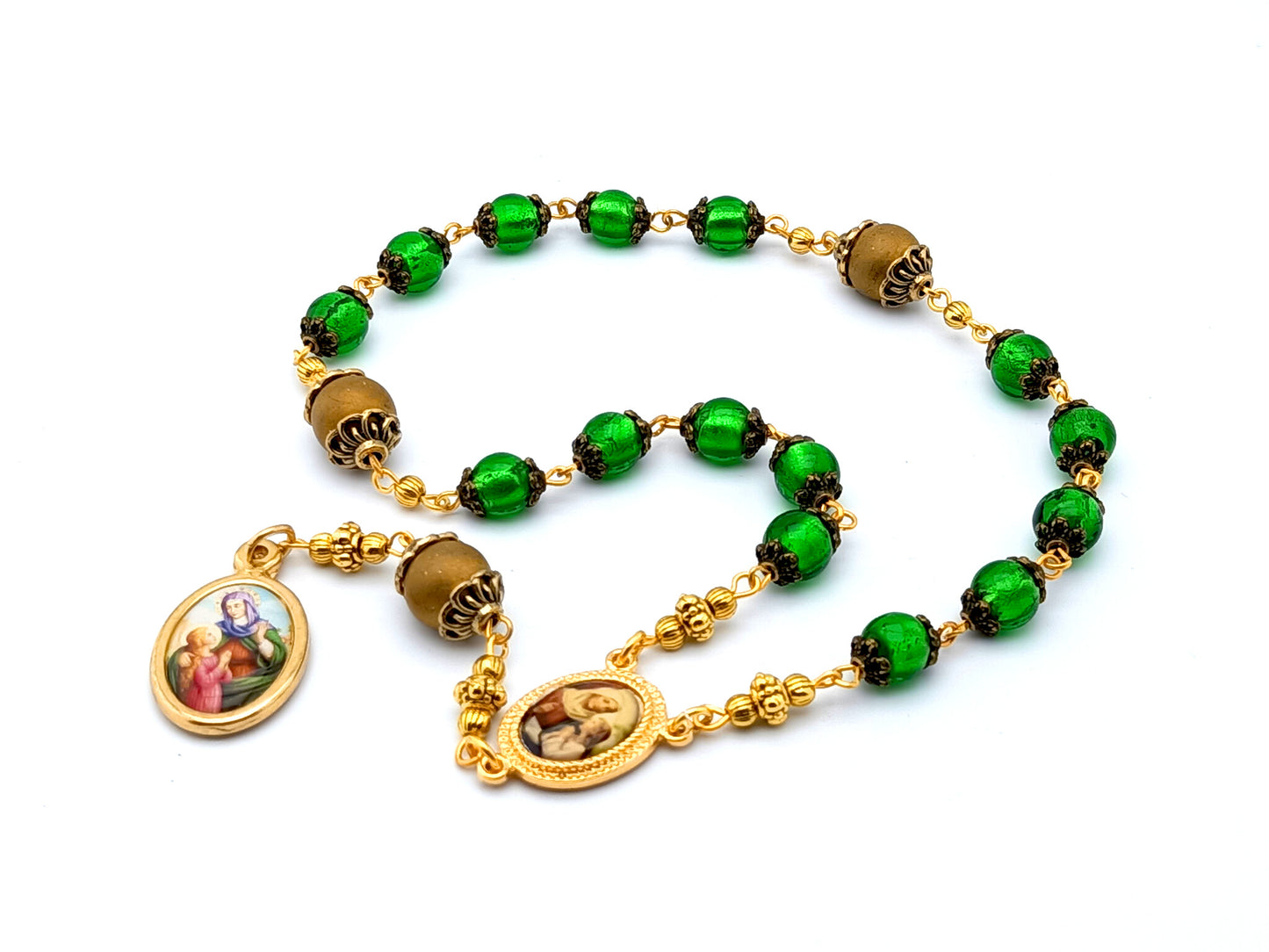 Saint Ann unique rosary beads prayer chaplet with green and gold glass beads and golden picture centre and end medals.