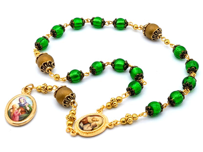 Saint Ann unique rosary beads prayer chaplet with green and gold glass beads and golden picture centre and end medals.