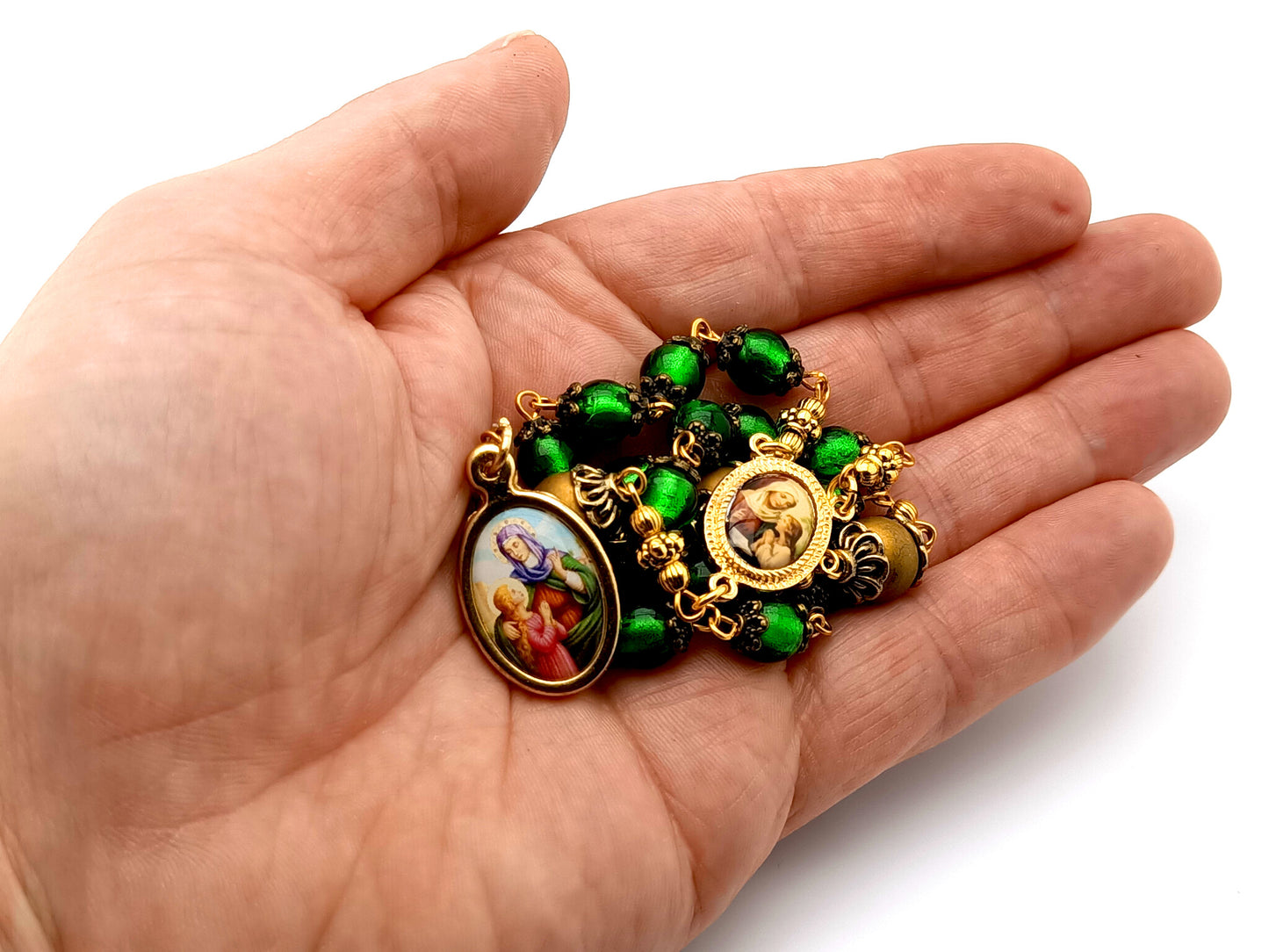 Saint Ann unique rosary beads prayer chaplet with green and gold glass beads and golden picture centre and end medals.