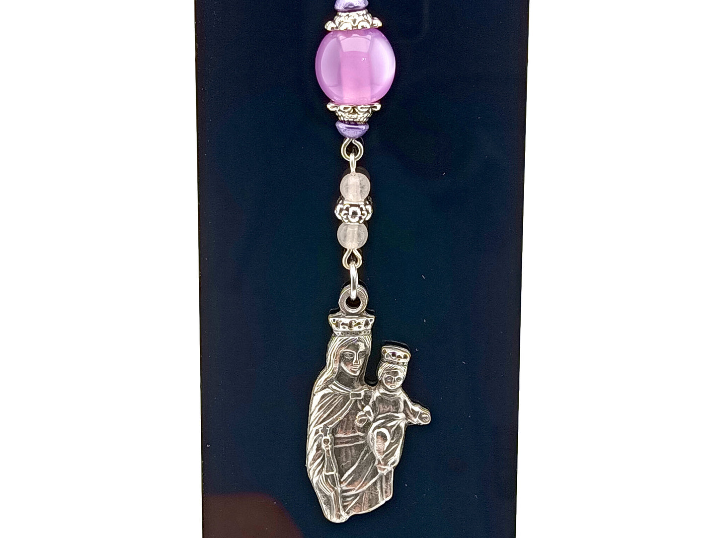 Our Lady of Mount Carmel unique rosary beads purse clip key chain with lilac glass bead, silver  medal and lobster clasp.
