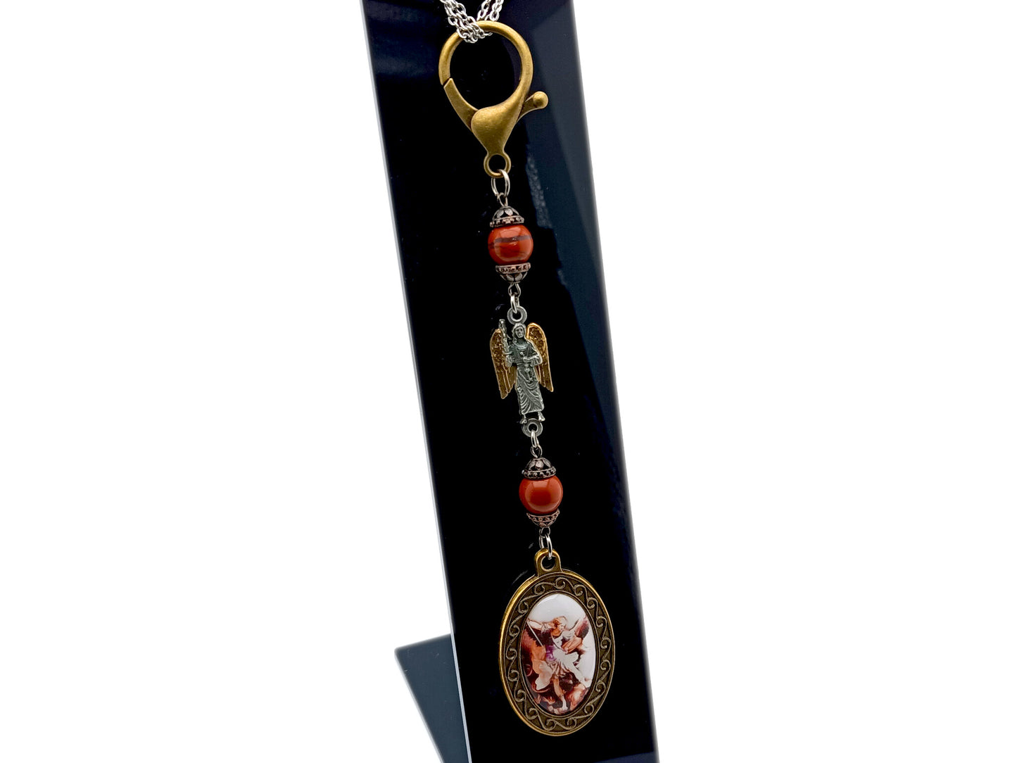 Saint Michael unique rosary beads purse clip key chain with red jasper beads, Angel linking medal and Saint Michael picture medal.