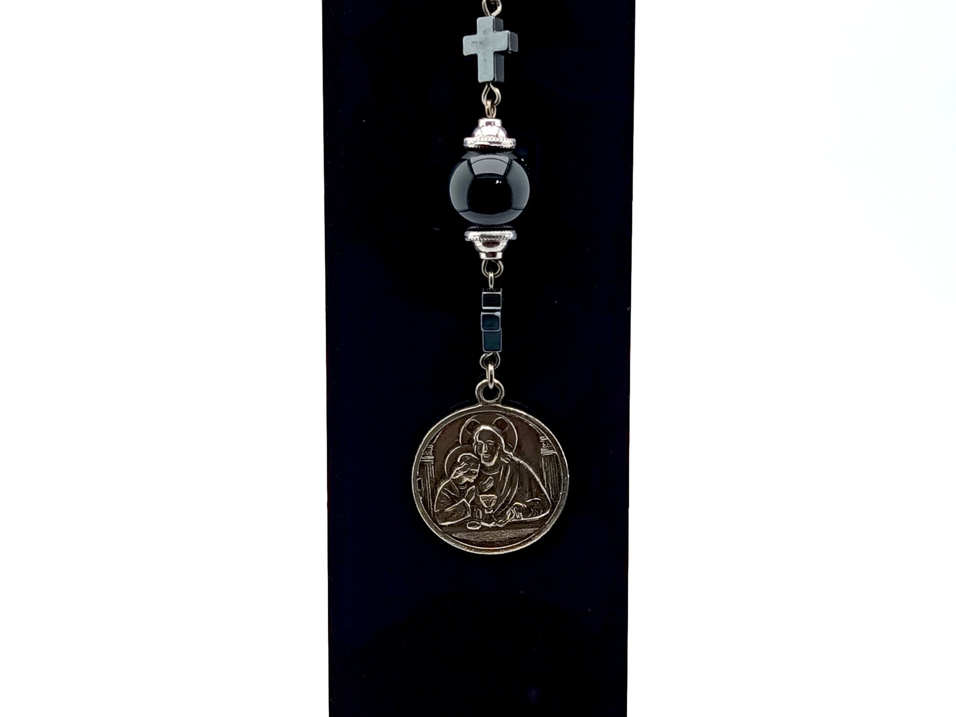 Blessed Sacrament unique rosary beads purse clip key chain with onyx and hematite cross beads, indulgence medal and loop ring.