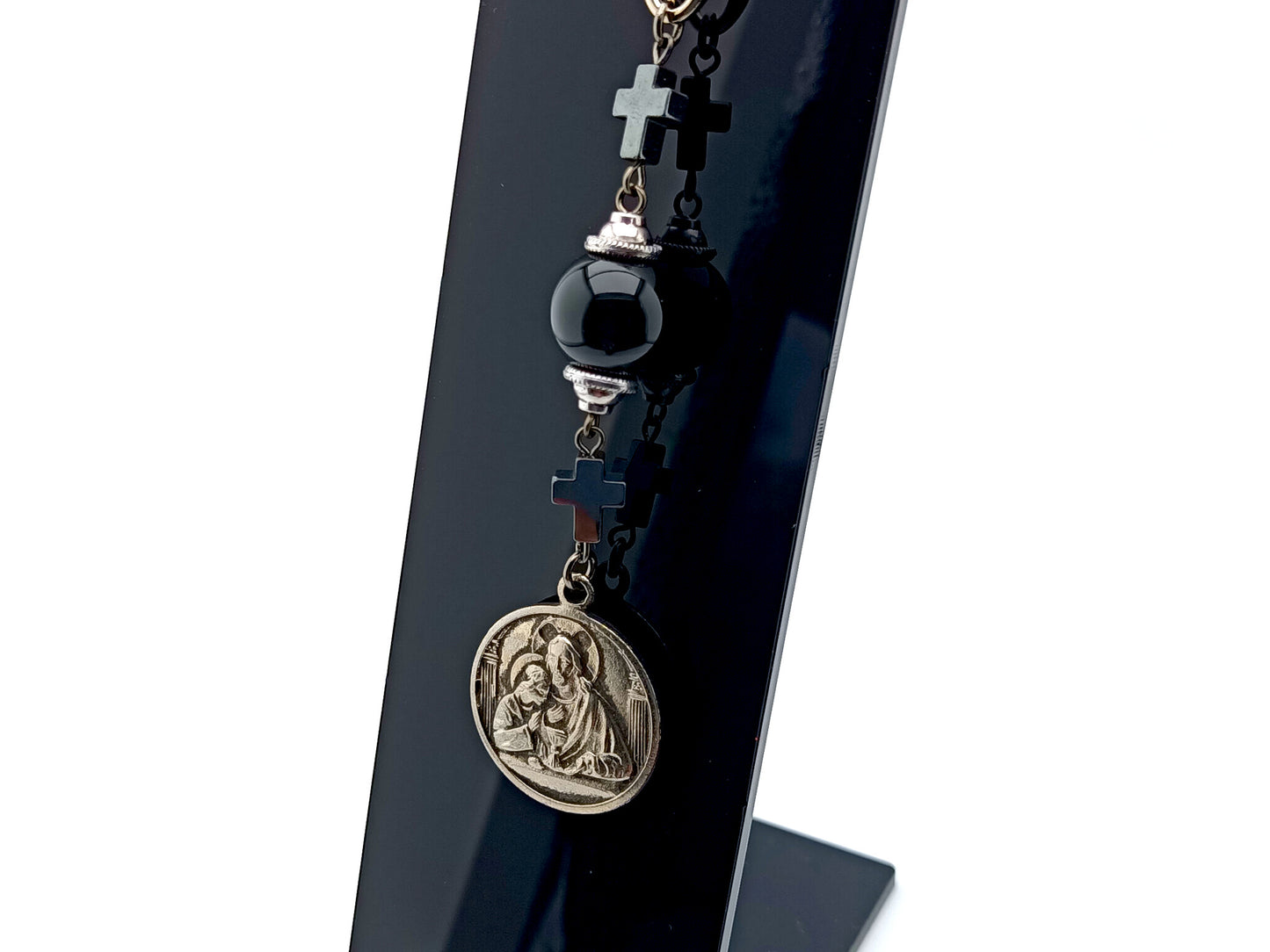 Blessed Sacrament unique rosary beads purse clip key chain with onyx and hematite cross beads, indulgence medal and loop ring.
