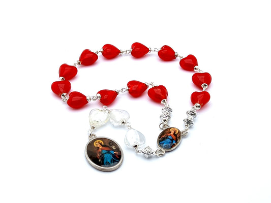 Saint Philomena unique rosary beads prayer chaplet with red and white  glass heart beads and picture centre and end medals.
