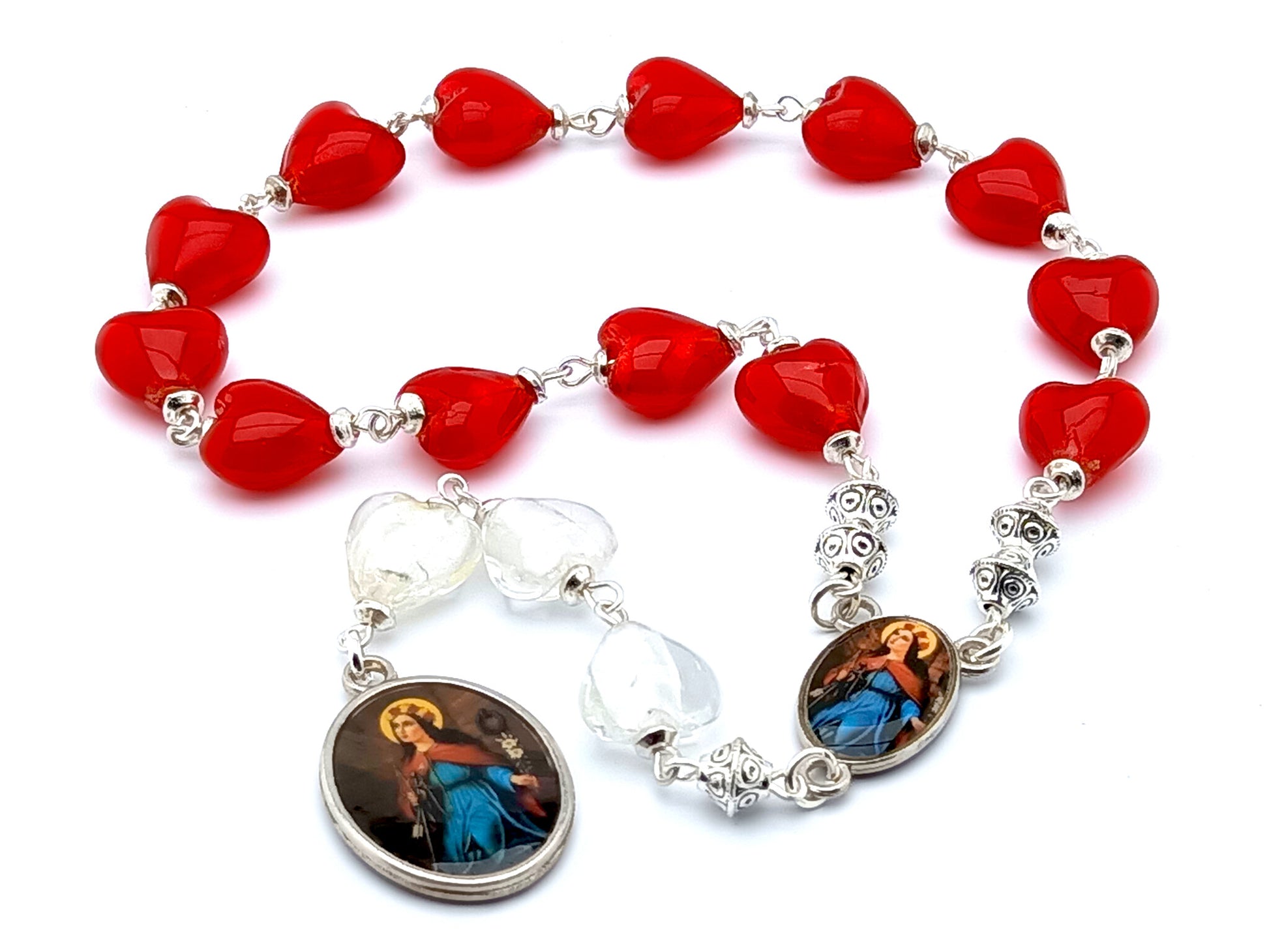 Saint Philomena unique rosary beads prayer chaplet with red and white  glass heart beads and picture centre and end medals.