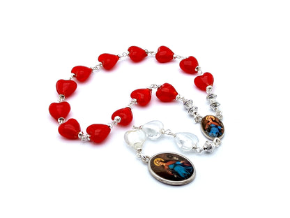 Saint Philomena unique rosary beads prayer chaplet with red and white  glass heart beads and picture centre and end medals.