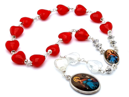 Saint Philomena unique rosary beads prayer chaplet with red and white  glass heart beads and picture centre and end medals.