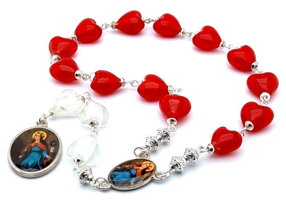 Saint Philomena unique rosary beads prayer chaplet with red and white  glass heart beads and picture centre and end medals.