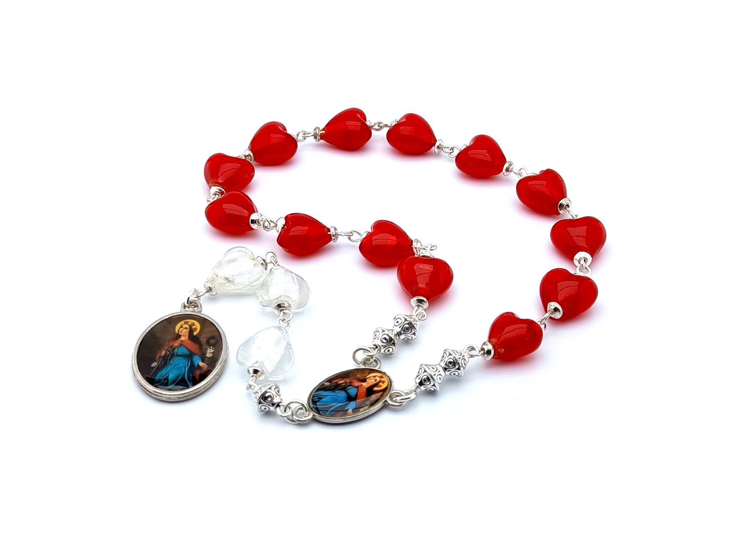 Saint Philomena unique rosary beads prayer chaplet with red and white  glass heart beads and picture centre and end medals.