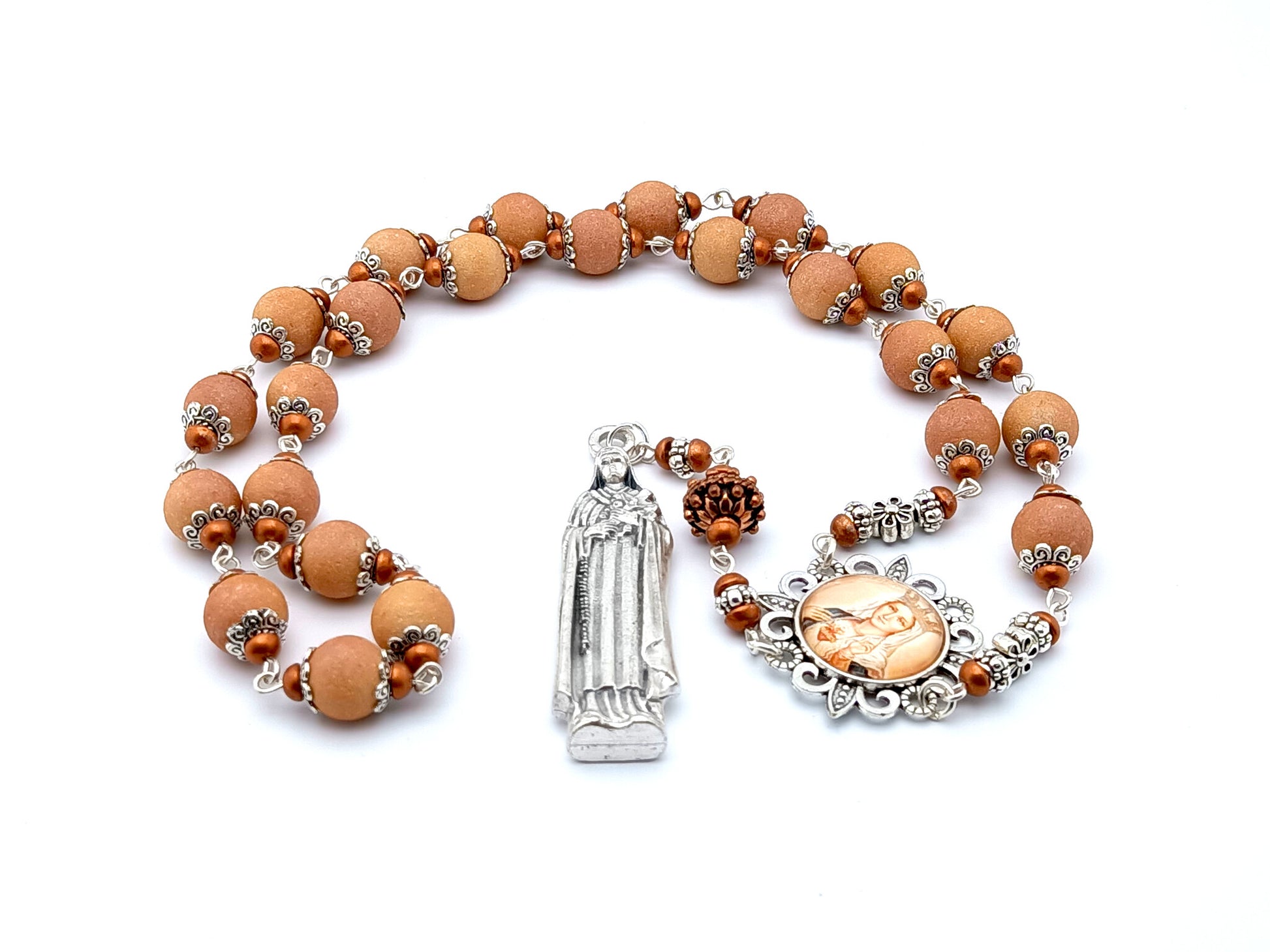 Saint Therese of Lisieux unique rosary beads prayer chaplet with buff textured glass beads, silver picture centre medal and statue end medal.