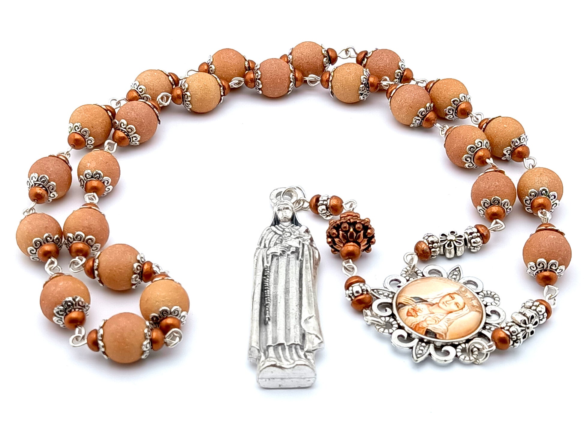 Saint Therese of Lisieux unique rosary beads prayer chaplet with buff textured glass beads, silver picture centre medal and statue end medal.