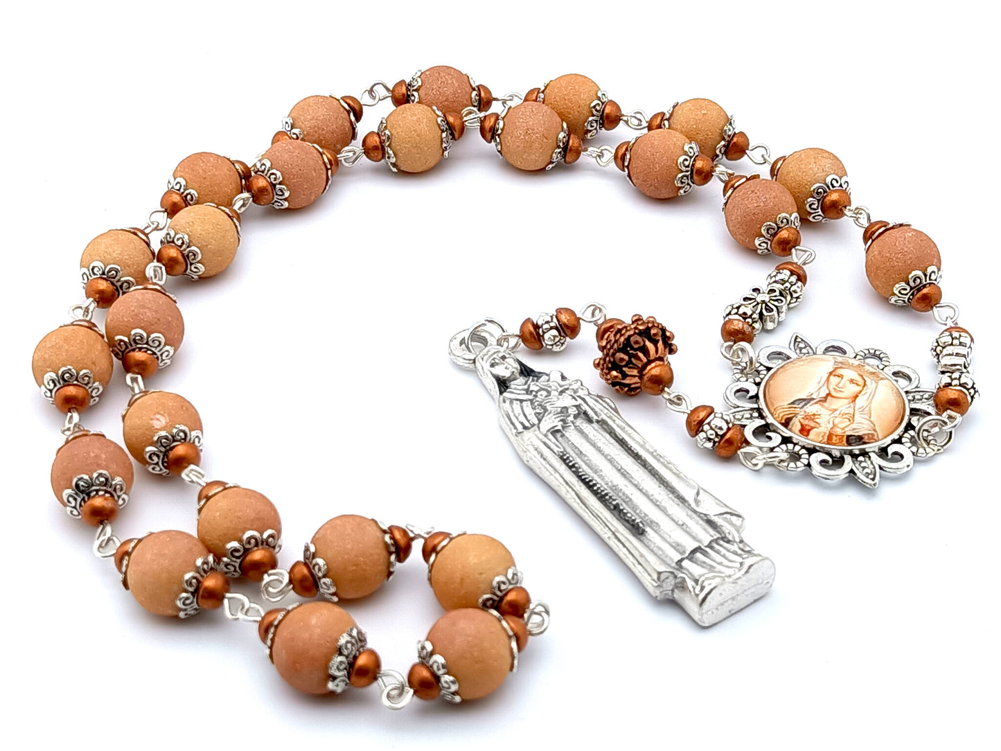 Saint Therese of Lisieux unique rosary beads prayer chaplet with buff textured glass beads, silver picture centre medal and statue end medal.