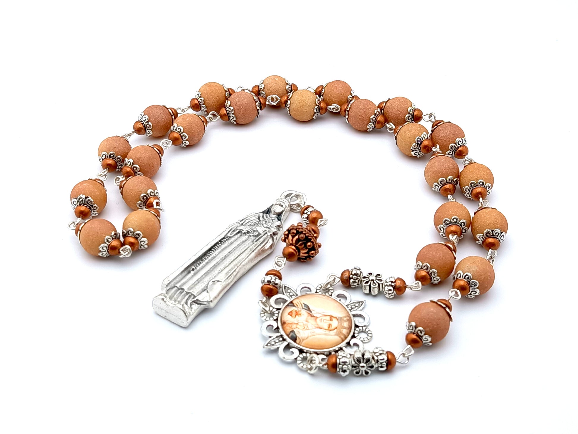 Saint Therese of Lisieux unique rosary beads prayer chaplet with buff textured glass beads, silver picture centre medal and statue end medal.