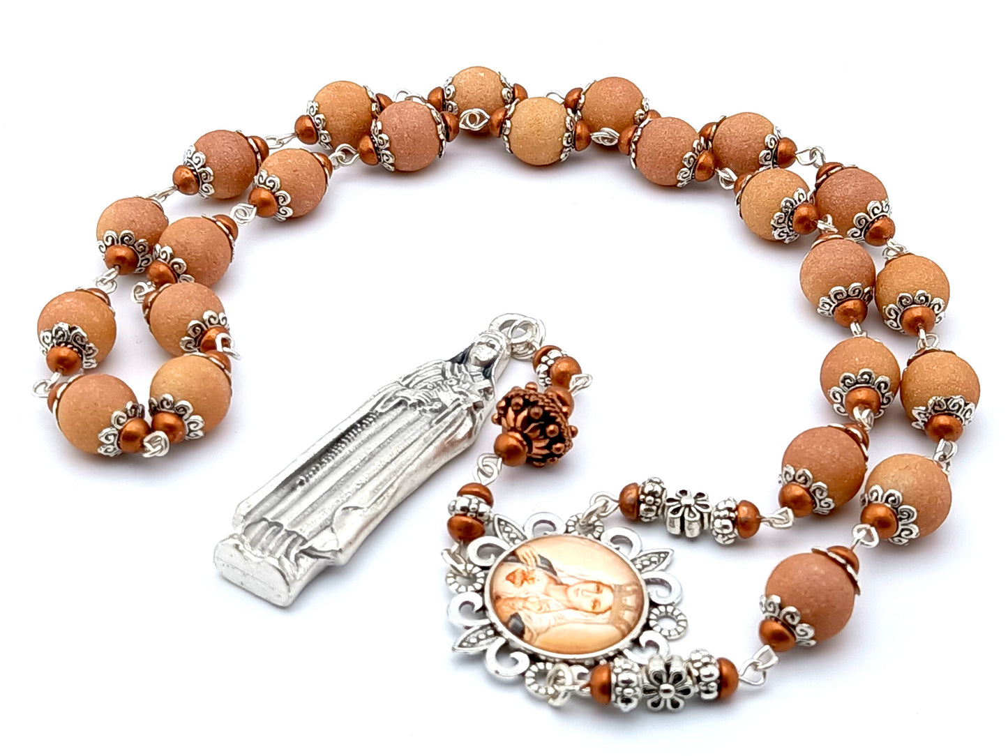 Saint Therese of Lisieux unique rosary beads prayer chaplet with buff textured glass beads, silver picture centre medal and statue end medal.