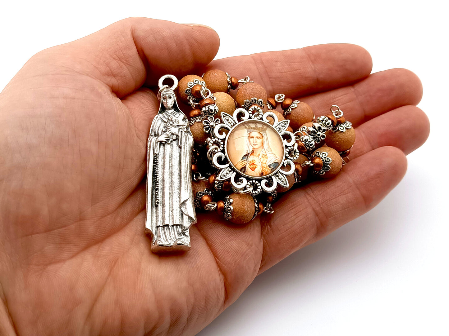 Saint Therese of Lisieux unique rosary beads prayer chaplet with buff textured glass beads, silver picture centre medal and statue end medal.