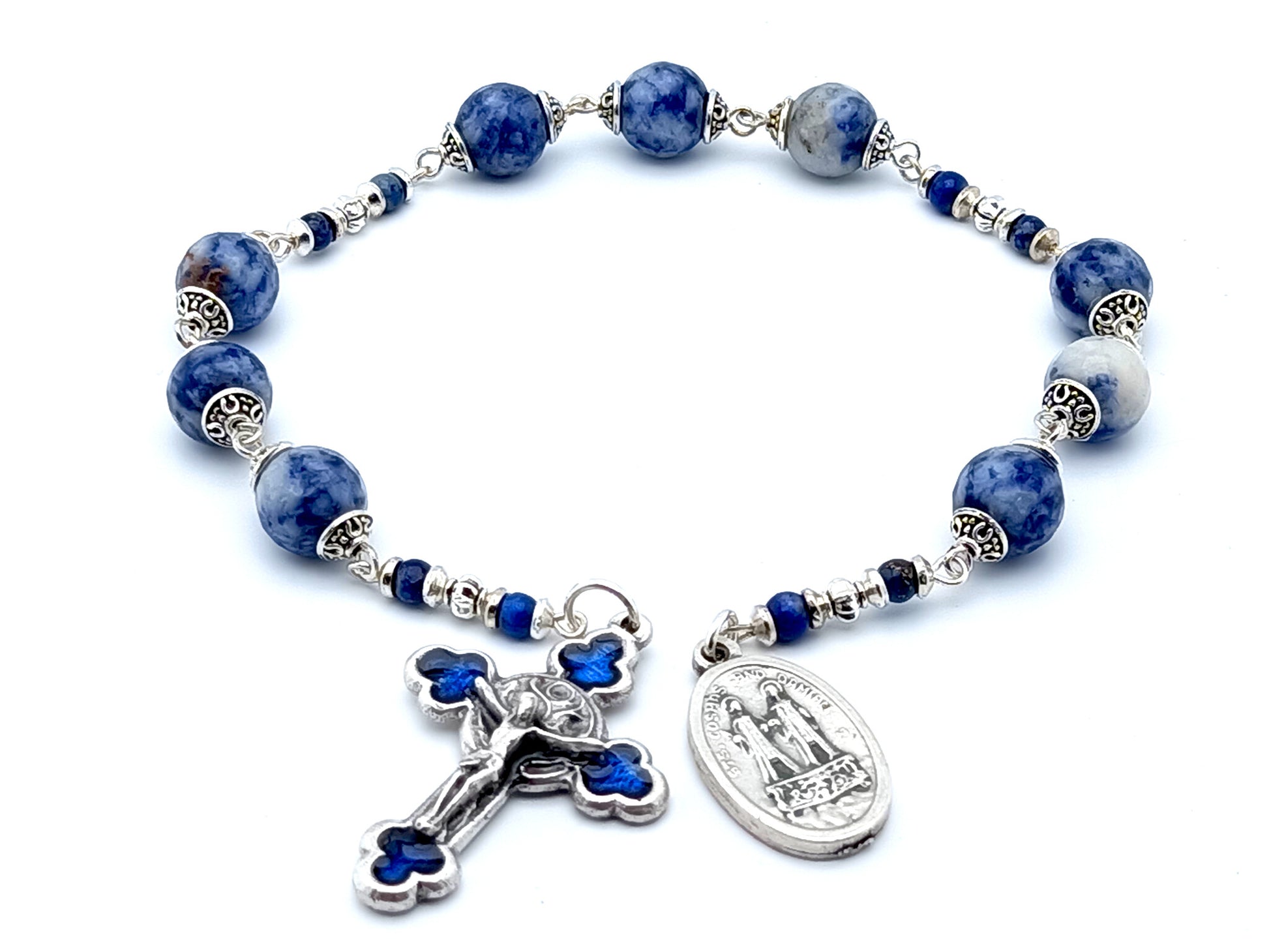 Saint Cosmas and Damian unique rosary beads prayer chaplet with blue agate gemstone beads, blue enamel Saint benedict crucifix and silver end medal.