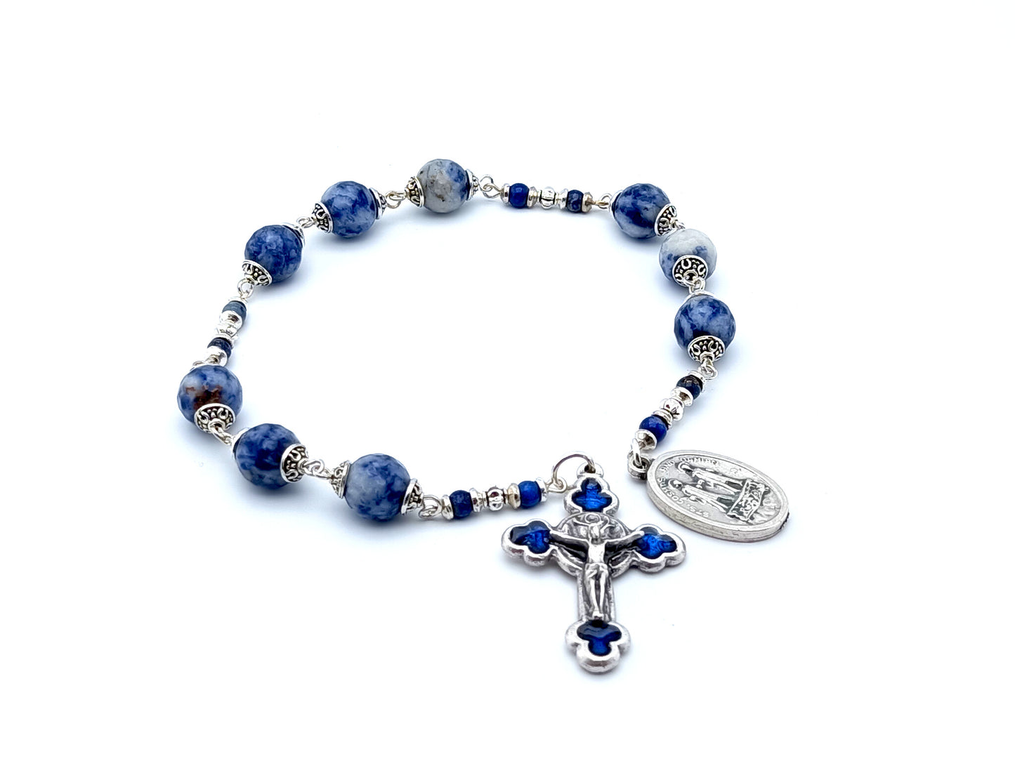 Saint Cosmas and Damian unique rosary beads prayer chaplet with blue agate gemstone beads, blue enamel Saint benedict crucifix and silver end medal.