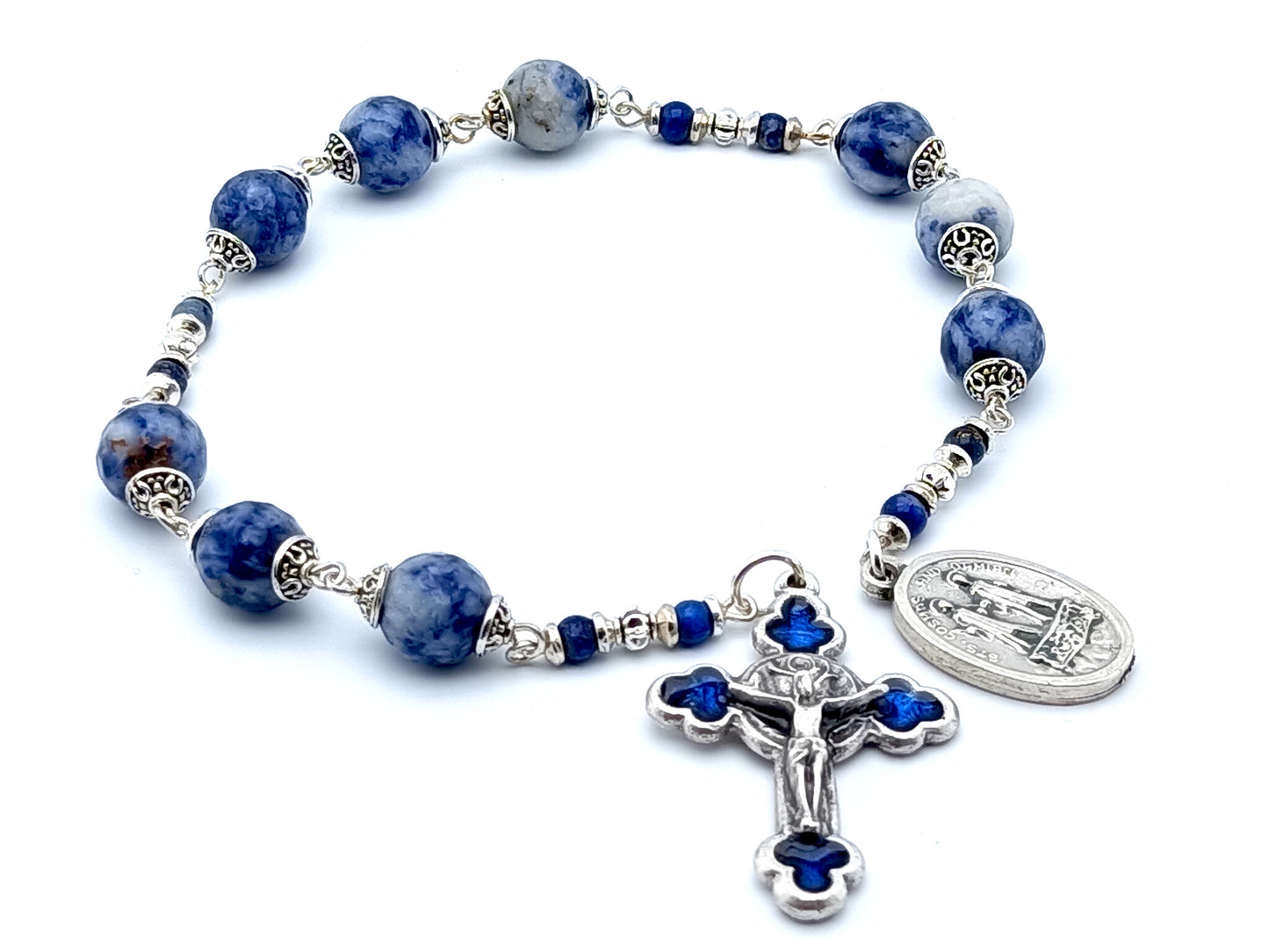 Saint Cosmas and Damian unique rosary beads prayer chaplet with blue agate gemstone beads, blue enamel Saint benedict crucifix and silver end medal.