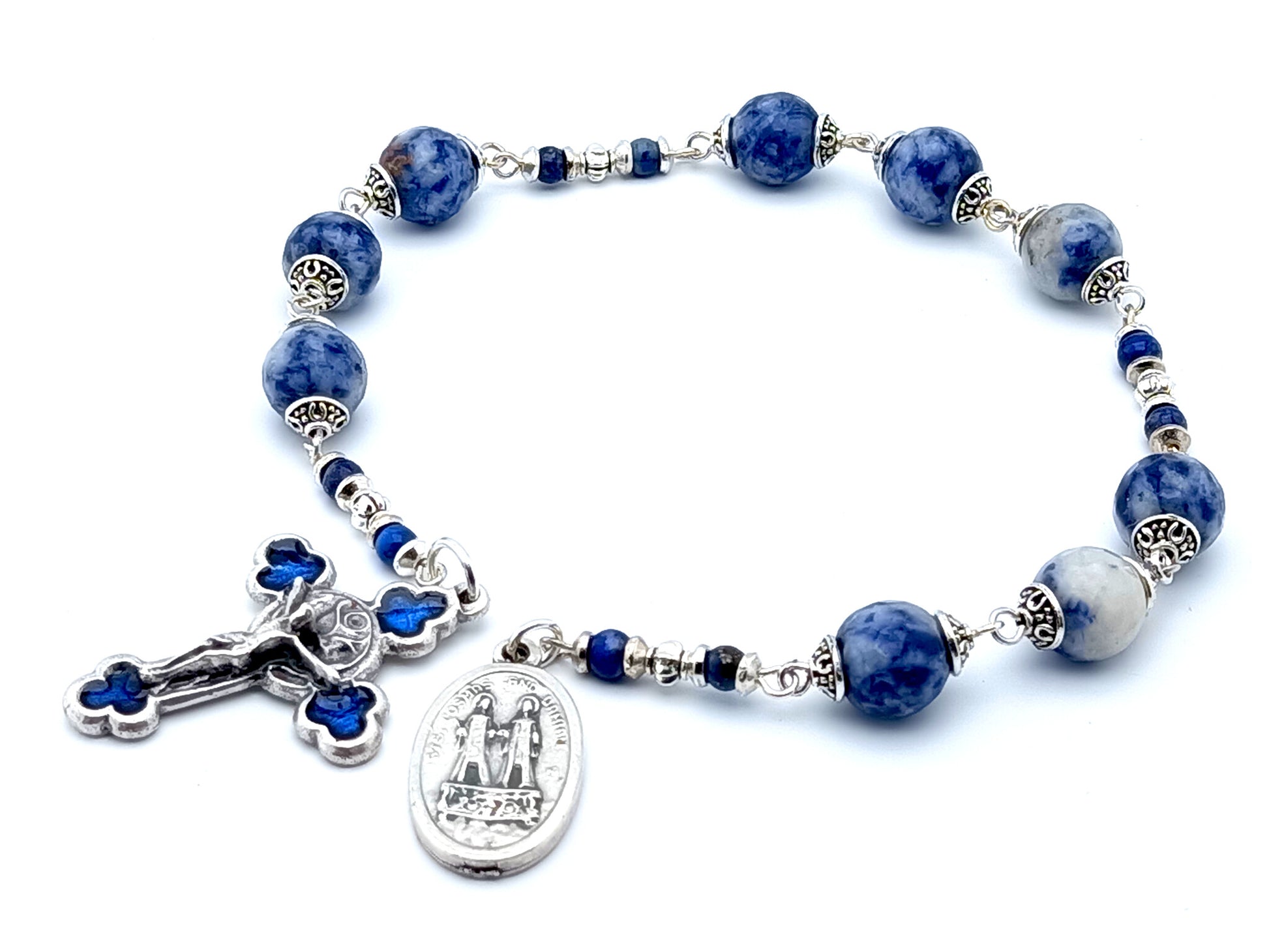 Saint Cosmas and Damian unique rosary beads prayer chaplet with blue agate gemstone beads, blue enamel Saint benedict crucifix and silver end medal.