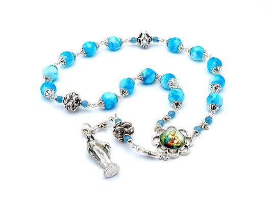 Saint Ann unique rosary beads prayer chaplet with blue and white marbled glass and silver beads, picture centre medal and Our Lady statue end medal.