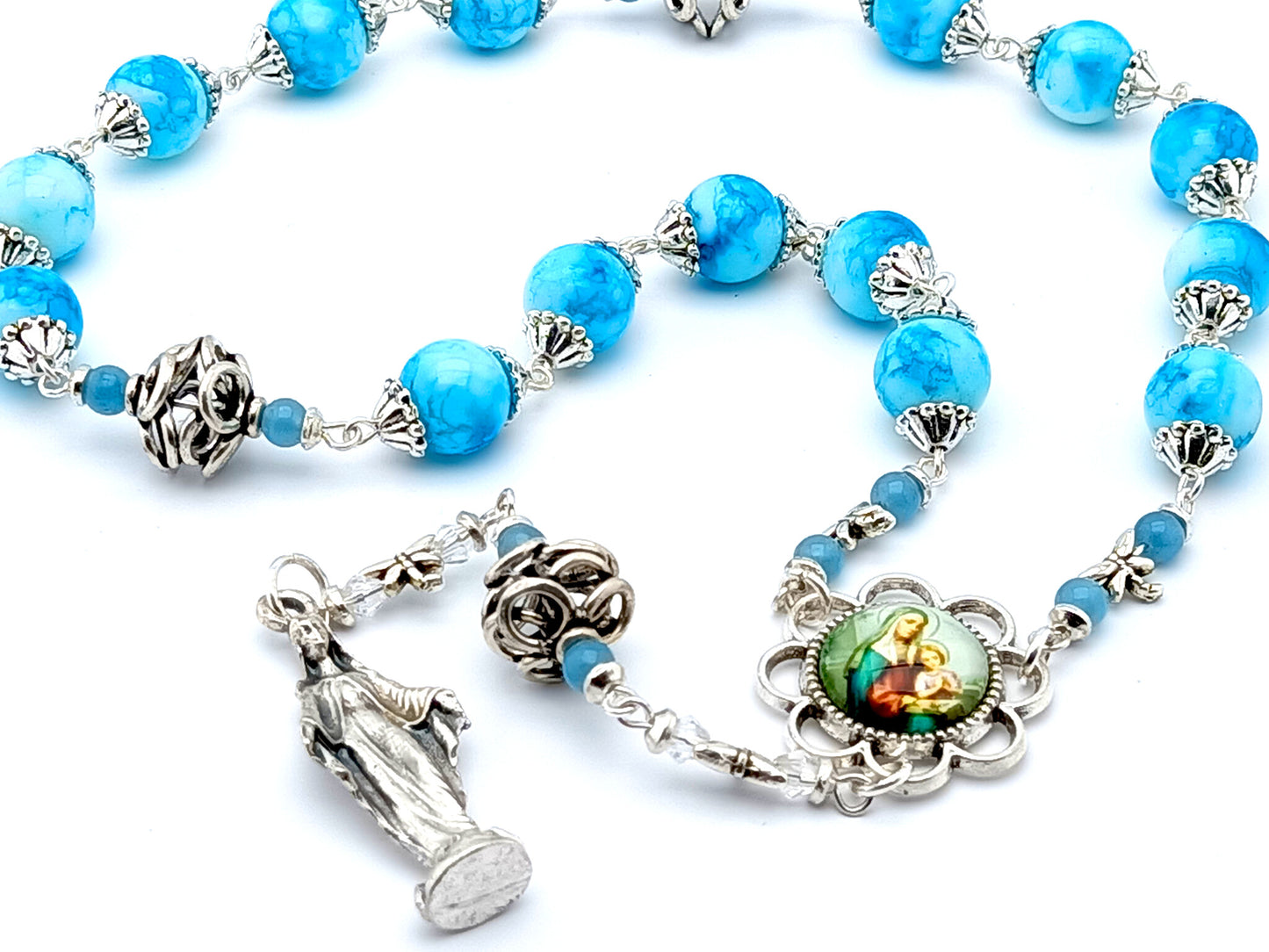 Saint Ann unique rosary beads prayer chaplet with blue and white marbled glass and silver beads, picture centre medal and Our Lady statue end medal.