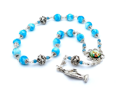 Saint Ann unique rosary beads prayer chaplet with blue and white marbled glass and silver beads, picture centre medal and Our Lady statue end medal.