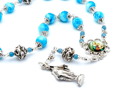 Saint Ann unique rosary beads prayer chaplet with blue and white marbled glass and silver beads, picture centre medal and Our Lady statue end medal.
