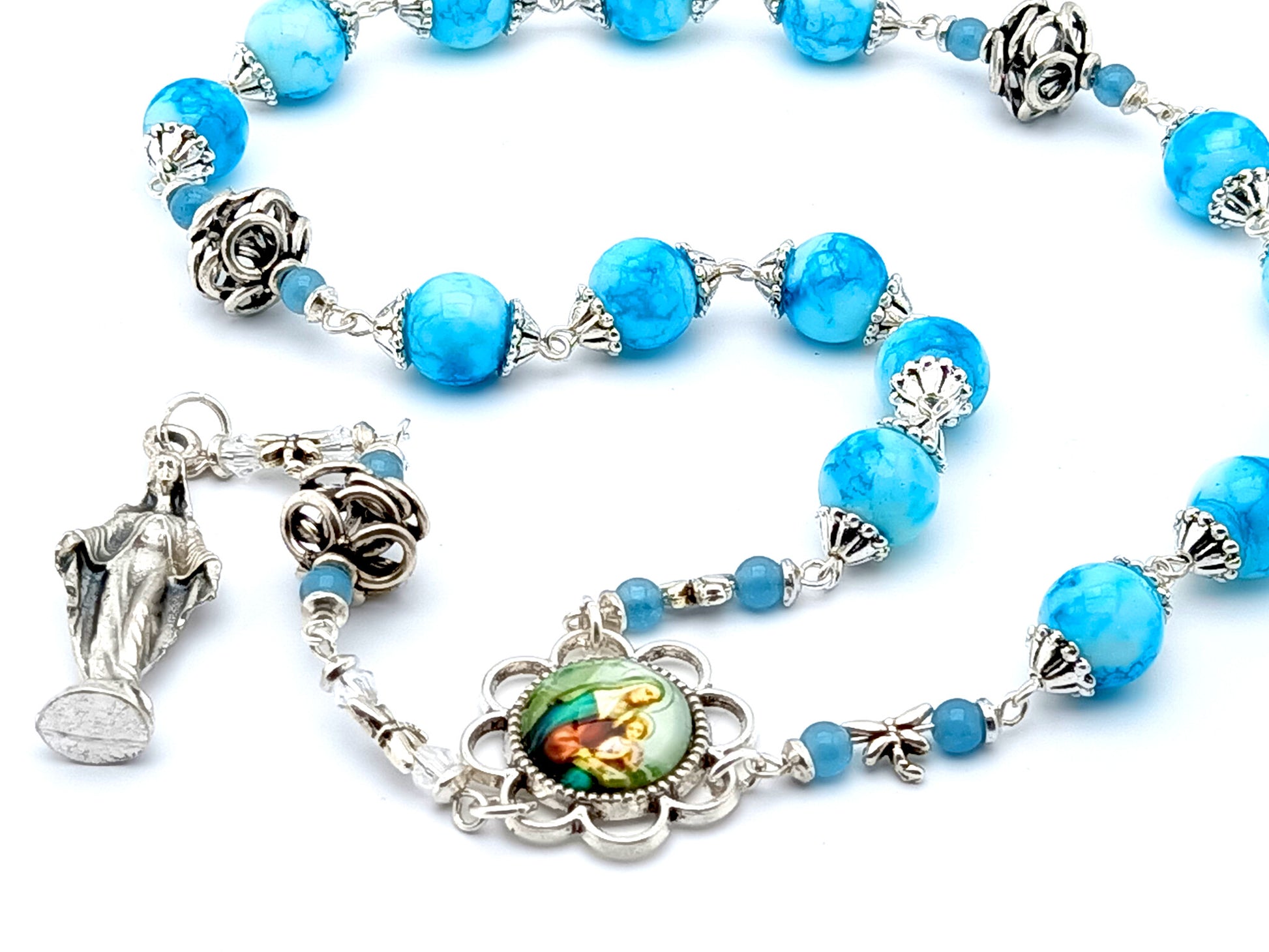 Saint Ann unique rosary beads prayer chaplet with blue and white marbled glass and silver beads, picture centre medal and Our Lady statue end medal.