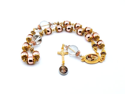 Saint Ann unique rosary beads prayer chaplet with gold hematite and crystal beads, gold picture centre medal and crucifix.