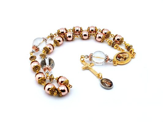 Saint Ann unique rosary beads prayer chaplet with gold hematite and crystal beads, gold picture centre medal and crucifix.