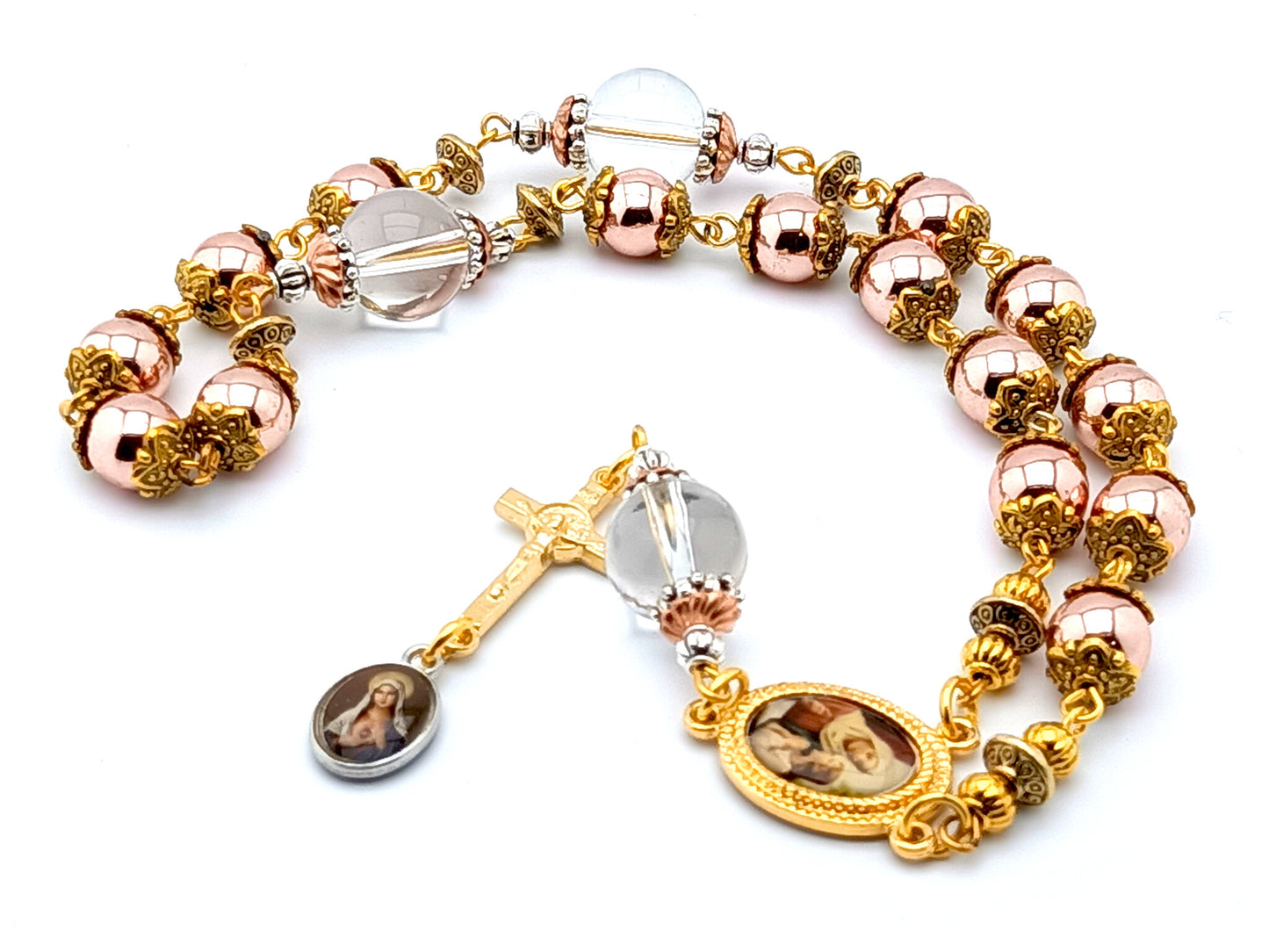 Saint Ann unique rosary beads prayer chaplet with gold hematite and crystal beads, gold picture centre medal and crucifix.