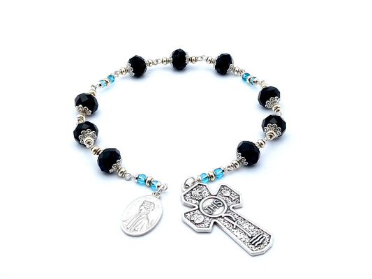 Saint Elizabeth Ann Seton unique rosary beads prayer chaplet with black faceted glass beads, Holy Eucharist cross and medal.