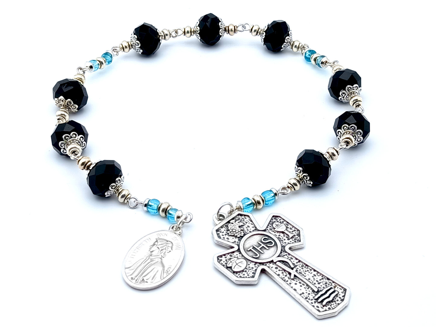 Saint Elizabeth Ann Seton unique rosary beads prayer chaplet with black faceted glass beads, Holy Eucharist cross and medal.