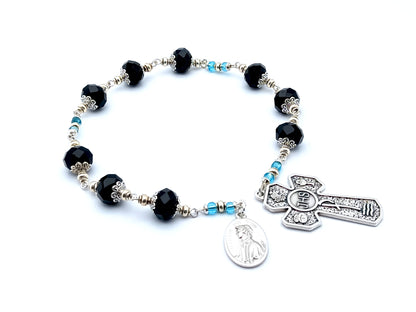 Saint Elizabeth Ann Seton unique rosary beads prayer chaplet with black faceted glass beads, Holy Eucharist cross and medal.