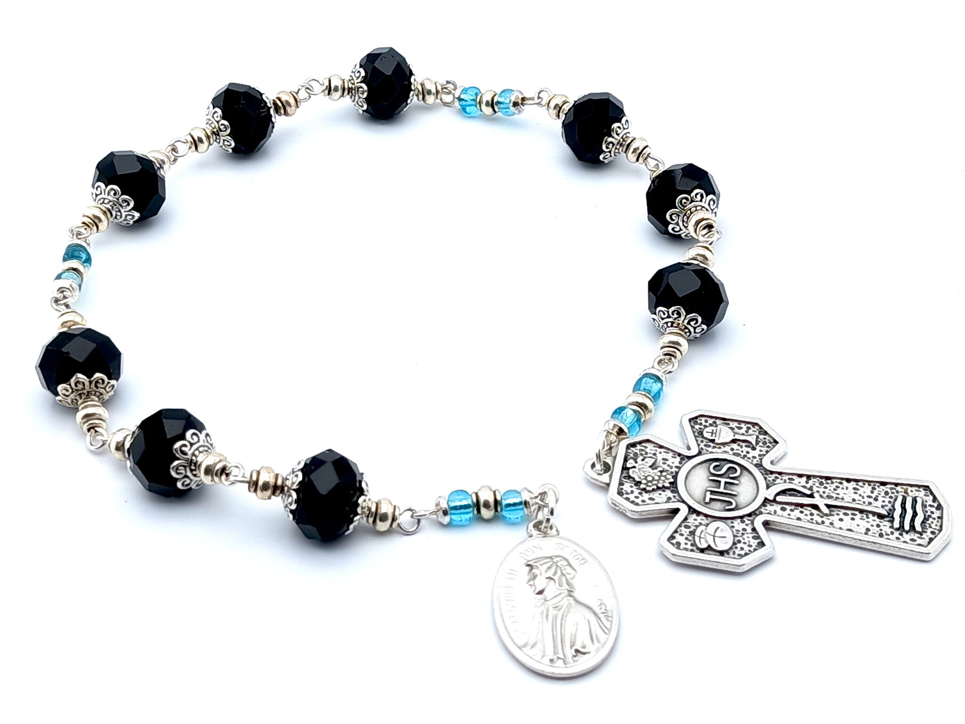 Saint Elizabeth Ann Seton unique rosary beads prayer chaplet with black faceted glass beads, Holy Eucharist cross and medal.