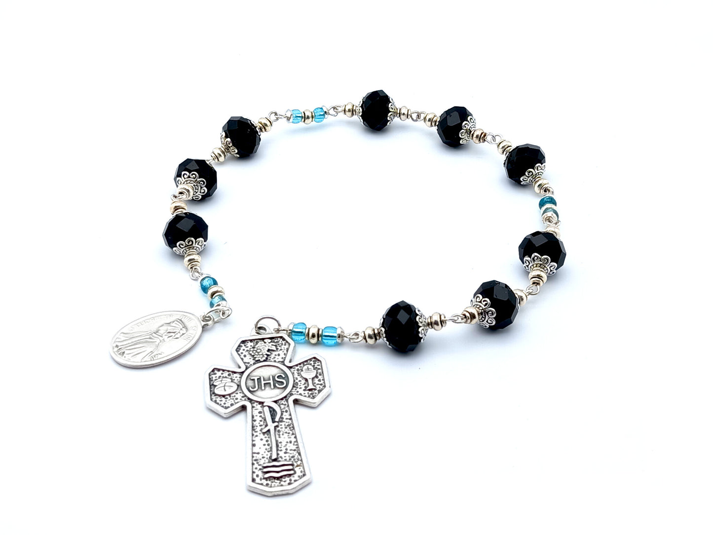 Saint Elizabeth Ann Seton unique rosary beads prayer chaplet with black faceted glass beads, Holy Eucharist cross and medal.