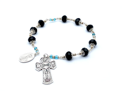 Saint Elizabeth Ann Seton unique rosary beads prayer chaplet with black faceted glass beads, Holy Eucharist cross and medal.