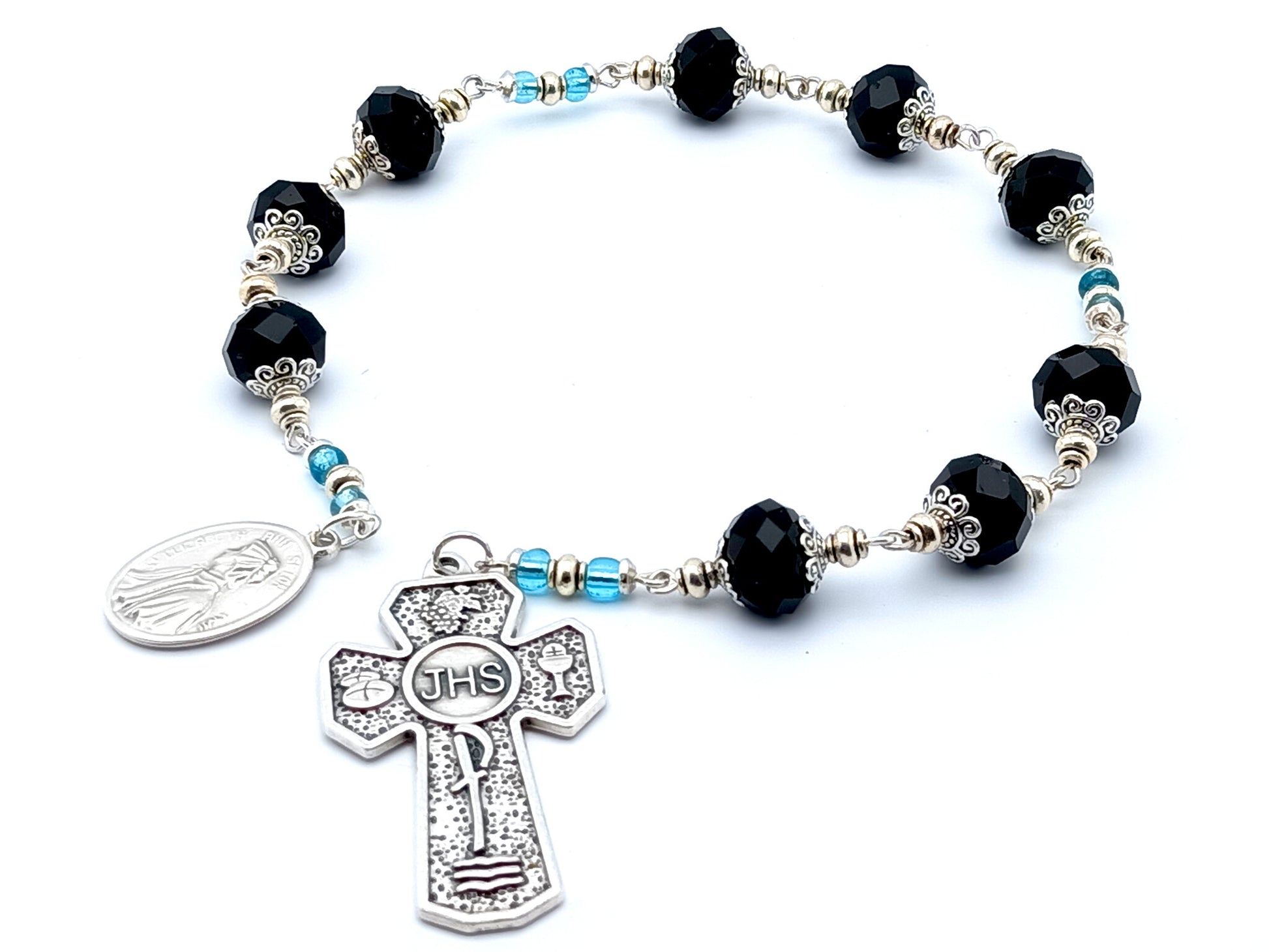 Saint Elizabeth Ann Seton unique rosary beads prayer chaplet with black faceted glass beads, Holy Eucharist cross and medal.