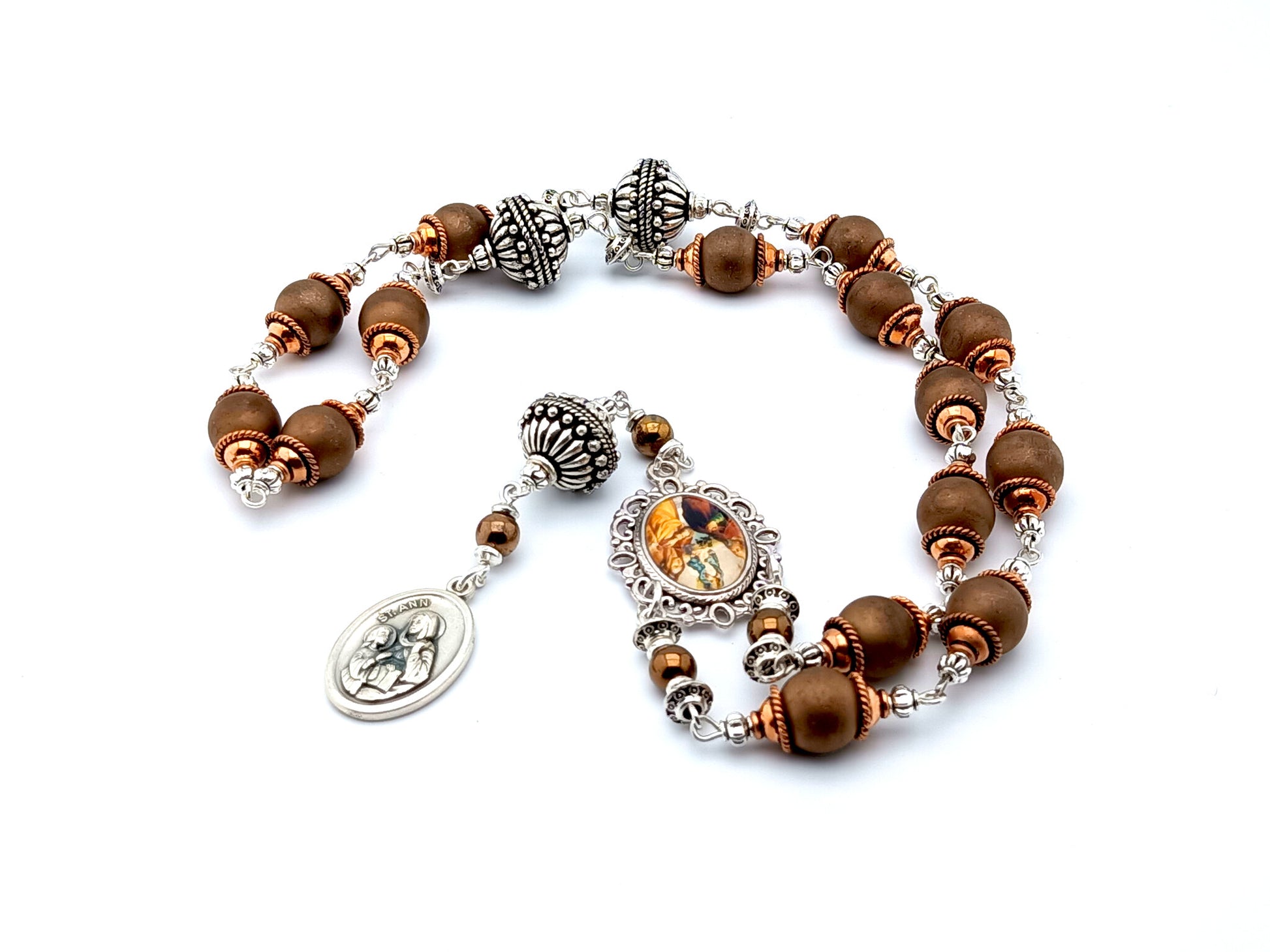 Saint Ann unique rosary beads prayer chaplet with bronze glass and silver beads, picture centre medal and silver end medal.