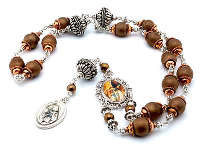 Saint Ann unique rosary beads prayer chaplet with bronze glass and silver beads, picture centre medal and silver end medal.